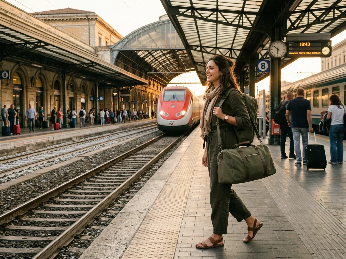 Traveler with DEPOZA duffle bag at European train station