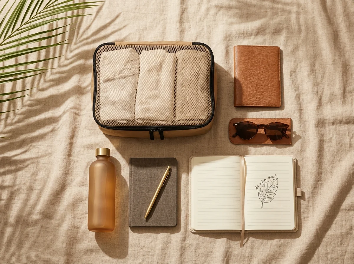 Flatlay of travel packing cubes and minimalist accessories